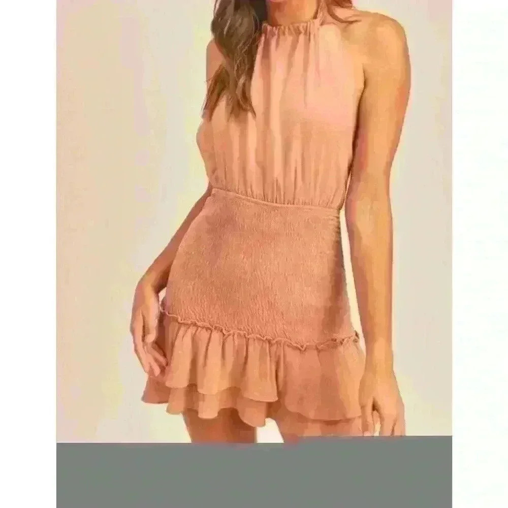 HALTER MINI DRESS WITH SMOCKED SKIRT